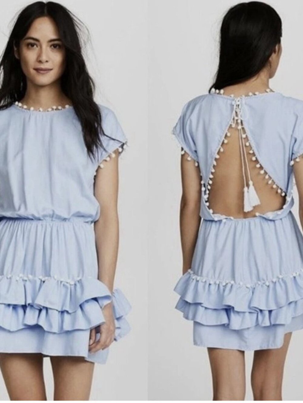 Peixoto Sky Blue Nissi Pom-Pom Open-Back Ruffled Tiered Mini Dress - Like New
